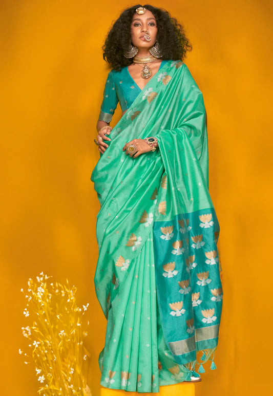 Sea Green Tussar Silk Saree with Blouse Piece