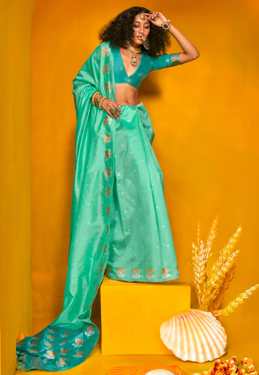 Sea Green Tussar Silk Saree with Blouse Piece
