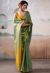 Green Tissue Silk Saree with Blouse Piece  – Adi Akshoy & Co.
