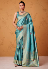 Cross Sea Blue Tissue Silk Saree with Blouse Piece - Adi Akshoy & Co.