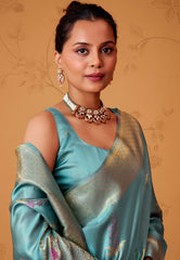 Cross Sea Blue Tissue Silk Saree with Blouse Piece - Adi Akshoy & Co.