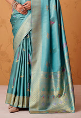 Cross Sea Blue Tissue Silk Saree with Blouse Piece - Adi Akshoy & Co.