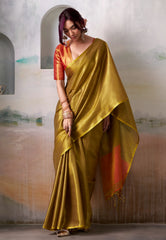 Cross Golden Yellow Tissue Silk Saree with Blouse Piece  – Adi Akshoy & Co.
