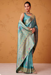 Cross Sea Blue Tissue Silk Saree with Blouse Piece - Adi Akshoy & Co.