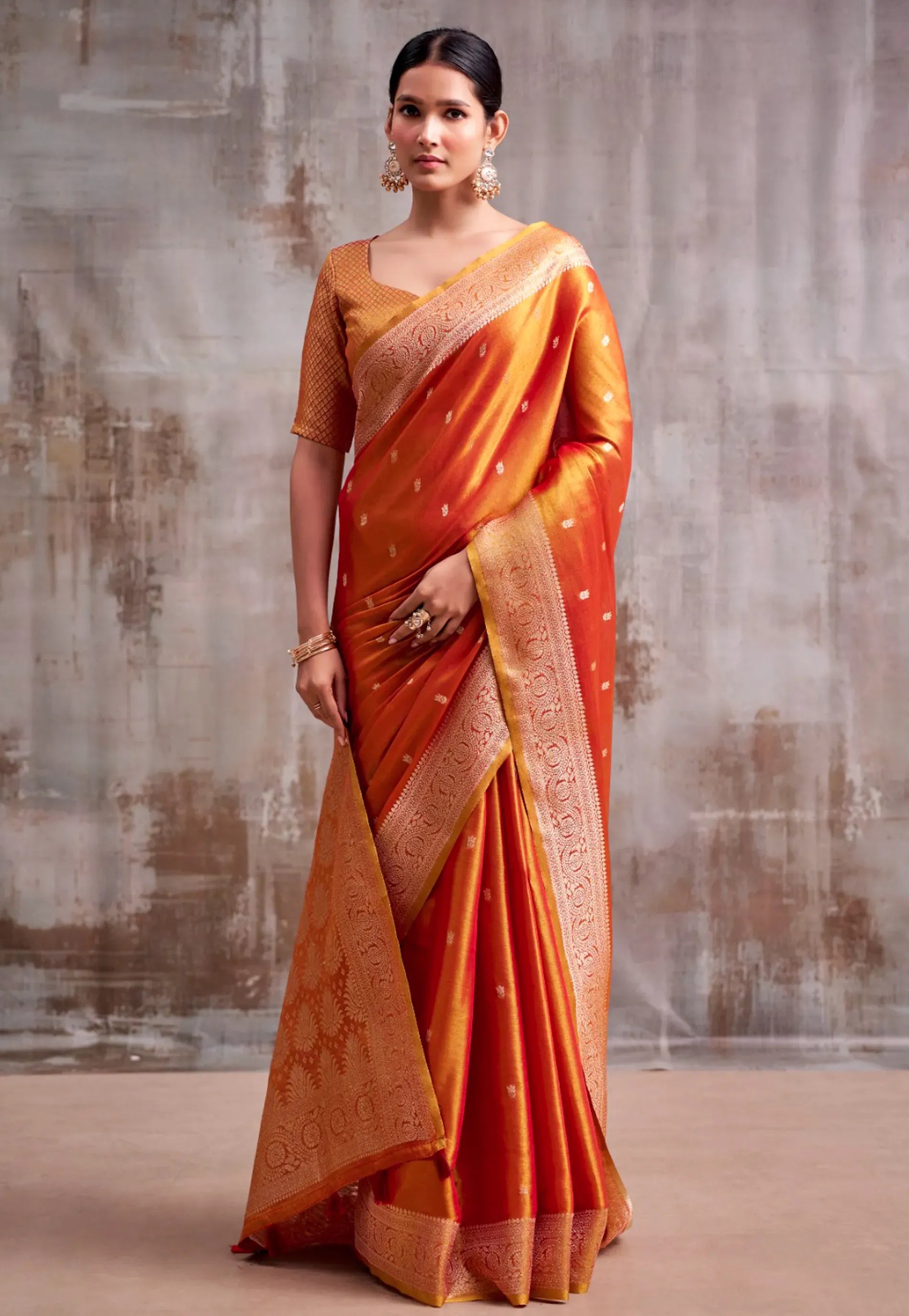 Rust Colour Tissue Silk Saree with Blouse Piece - Adi Akshoy & Co.