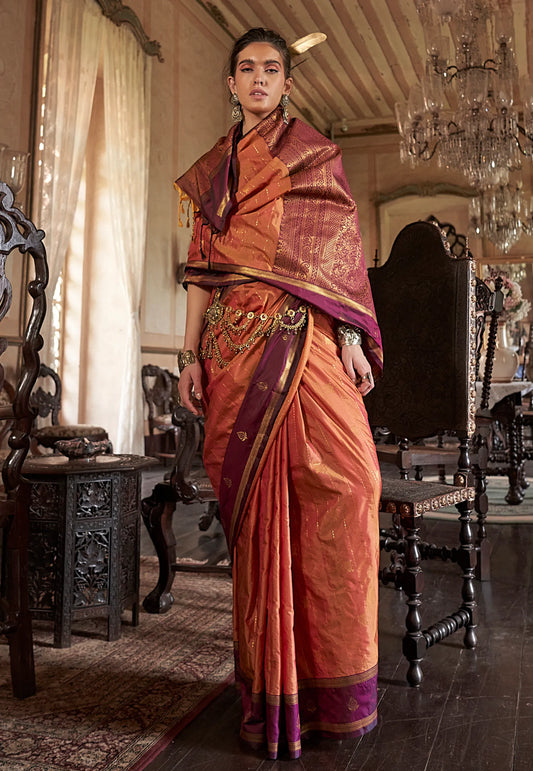 Orange with Maroon Border Kanjivaram Silk Saree With Blouse Piece - Adi Akshoy & Co.