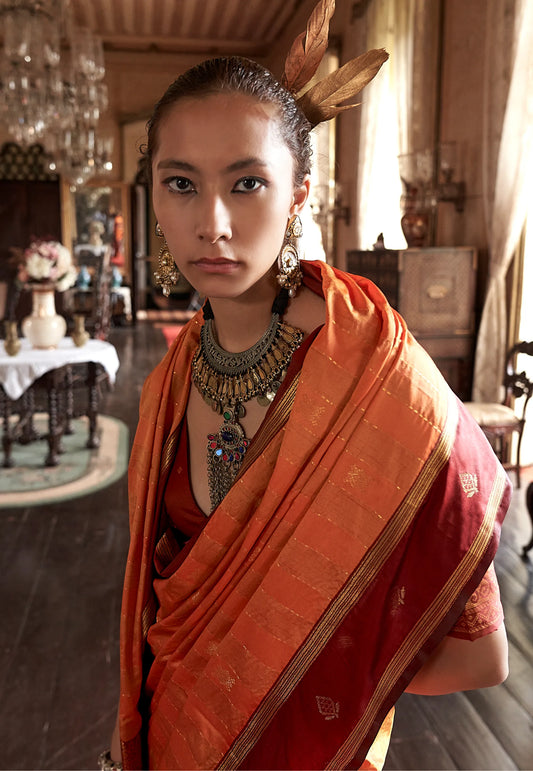 Orange with Maroon Border Kanjivaram Silk Saree With Blouse Piece - Adi Akshoy & Co.