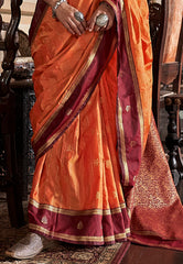 Orange with Maroon Border Kanjivaram Silk Saree With Blouse Piece - Adi Akshoy & Co.