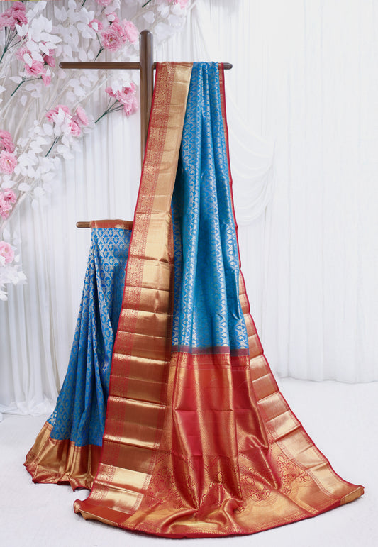 Royal Blue Brocade with Red Border Kanjivaram Silk Saree With Blouse Piece