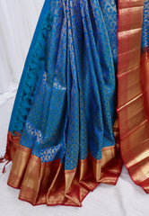 Royal Blue Brocade with Red Border Kanjivaram Silk Saree With Blouse Piece