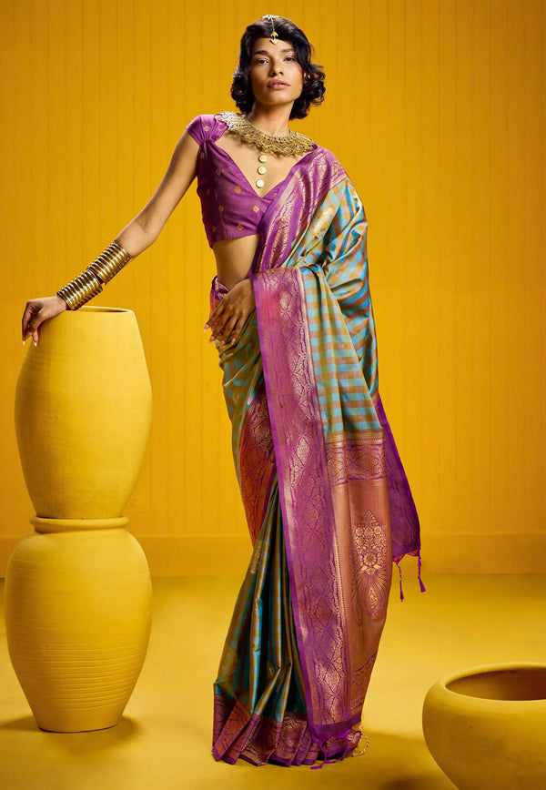 Sky Blue Kanjivaram Silk Saree with Blouse Piece - Adi Akshoy & Co.