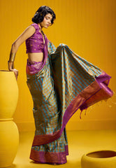 Sky Blue Kanjivaram Silk Saree with Blouse Piece - Adi Akshoy & Co.