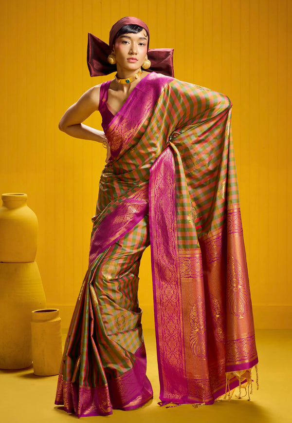 Lemon Green Kanjivaram Silk Saree with Blouse Piece - Adi Akshoy & Co.
