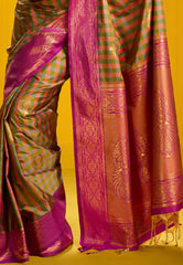 Lemon Green Kanjivaram Silk Saree with Blouse Piece - Adi Akshoy & Co.