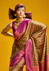 Lemon Green Kanjivaram Silk Saree with Blouse Piece - Adi Akshoy & Co.
