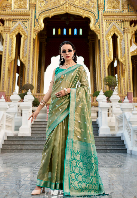 Olive Green Tissue Silk with Rama Green Border Saree with Blouse Piece