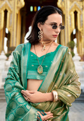 Olive Green Tissue Silk with Rama Green Border Saree with Blouse Piece