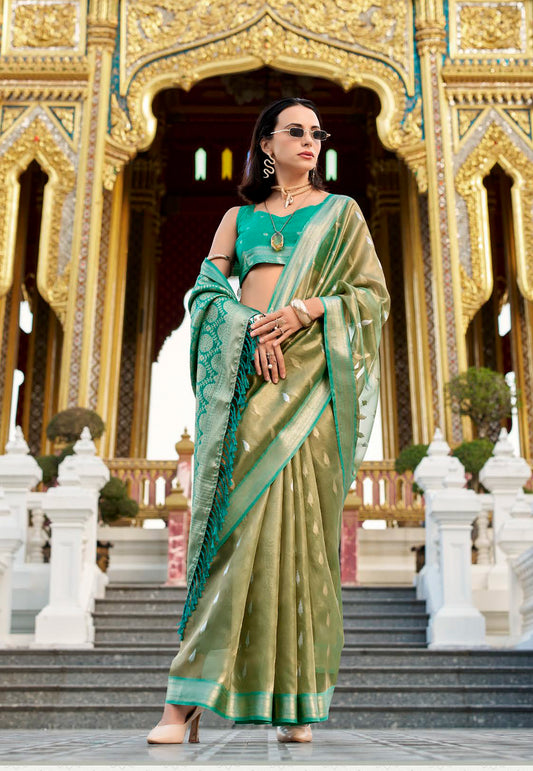 Olive Green Tissue Silk with Rama Green Border Saree with Blouse Piece