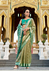 Olive Green Tissue Silk with Rama Green Border Saree with Blouse Piece