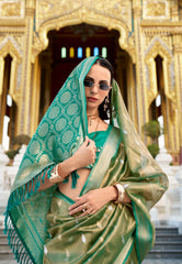 Olive Green Tissue Silk with Rama Green Border Saree with Blouse Piece