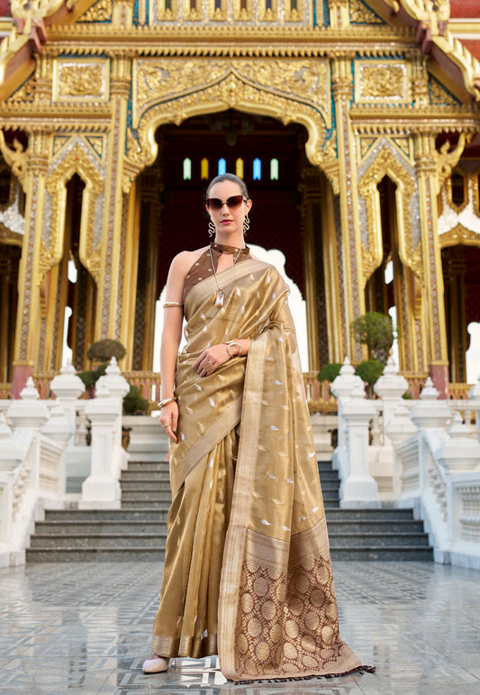 Golden Tissue Silk with Brown Saree with Blouse Piece