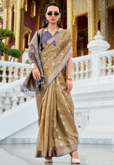 Golden Tissue Silk with Purple Border Saree with Blouse Piece