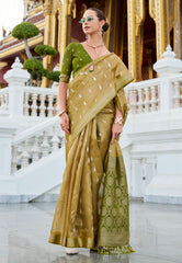 Golden Tissue Silk with Olive Green Border Saree with Blouse Piece