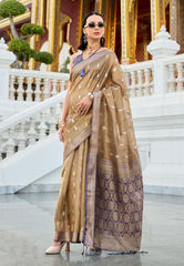 Golden Tissue Silk with Purple Border Saree with Blouse Piece