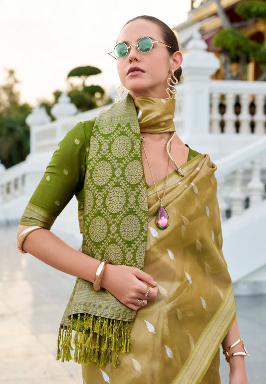 Golden Tissue Silk with Olive Green Border Saree with Blouse Piece