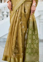 Golden Tissue Silk with Olive Green Border Saree with Blouse Piece