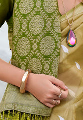 Golden Tissue Silk with Olive Green Border Saree with Blouse Piece