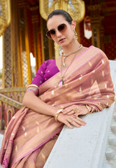 Peach Tissue Silk with Magenta Border Saree with Blouse Piece