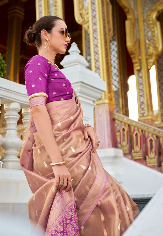 Peach Tissue Silk with Magenta Border Saree with Blouse Piece