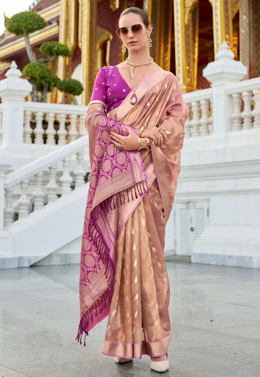 Peach Tissue Silk with Magenta Border Saree with Blouse Piece