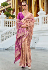 Peach Tissue Silk with Magenta Border Saree with Blouse Piece