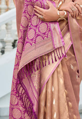 Peach Tissue Silk with Magenta Border Saree with Blouse Piece