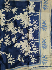 Navy Blue Pure Kantha Silk Saree with Blouse Piece