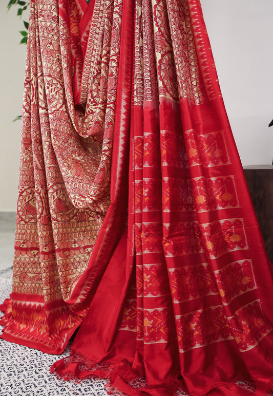 Tussar Colour Hand Madhubani Paint With Red Border Ikkat Pure Silk Saree With Blouse Piece