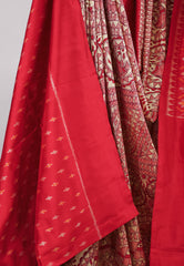 Tussar Colour Hand Madhubani Paint With Red Border Ikkat Pure Silk Saree With Blouse Piece