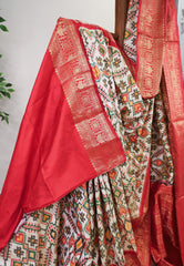 Off White Patola with Red Border Ikkat Pure Silk Saree With Blouse Piece