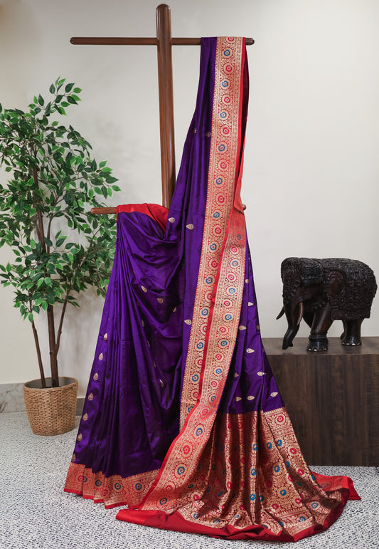 Purple with Red Minakari Border Katan Pure Silk Saree With Blouse Piece