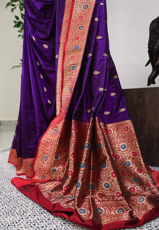 Purple with Red Minakari Border Katan Pure Silk Saree With Blouse Piece