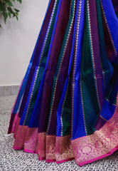 Multicolor Kadwa with Rani Pink Border Katan Pure Silk Saree With Blouse Piece