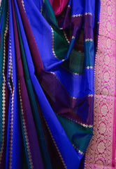 Multicolor Kadwa with Rani Pink Border Katan Pure Silk Saree With Blouse Piece