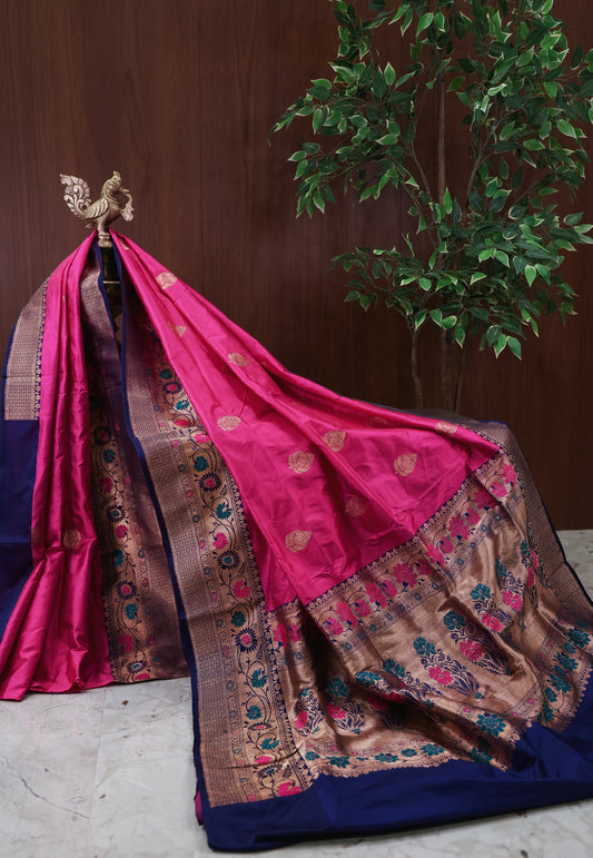 Rani Pink with Blue Minakari Border Katan Pure Silk Saree With Blouse Piece