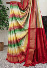 Multicolor with Red Border Ikkat Silk Saree With Blouse Piece